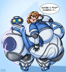 1girls blonde_hair blue_eyes blush bodysuit dialogue drokmars fantastic_four fat_ass female huge_belly invisible_woman invisible_woman_(marvel_rivals) looking_at_self marvel_rivals obese obese_female overweight overweight_female robot tight_clothing weight_gain