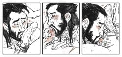 3boys1girl beard blowjob blush comic cunnilingus cuntboy dragon_age dragon_age_the_veilguard emmrich_volkarin long_hair lucanis_dellamorte lucezozzerie male_focus neve_gallus strap-on