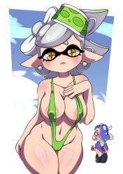 1futa 1girls alexc animal_humanoid balls blue_hair blush clothed clothing digital_media_(artwork) ear_piercing ear_ring erect_nipples_under_clothes erection eyelashes female futanari hair hi_res inkling light-skinned_female light-skinned_futa light_skin marie_(splatoon) navel nintendo octarian octoling open_mouth penis shiver_(splatoon) skimpy skimpy_bikini sling_bikini splatoon splatoon_3 standing tentacle tentacle_hair translucent translucent_clothing vein veiny_penis video_games