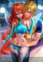 1boy1girl 4kids_entertainment bloom bloom_(winx_club) hugging hugging_from_behind muscles nickelodeon orange_hair rainbow_(animation_studio) sakimichan sexy_clothing sky sky_(winx_club) stroking thick_thighs tight_clothing winx_club yellow_hair