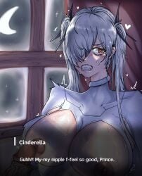 1boy 1girls anachiro_(nikke) blush body_fluids breasts cinderella_(nikke) clenched_teeth darkbiom english_text goddess_of_victory:_nikke heart-shaped_pupils large_breasts nipples open_clothes red_eyes self_upload silver_hair sweat twintails