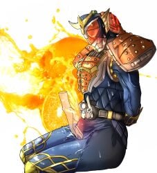 1boy armor armored armored_male armory_hero arms_behind_back belt belt_buckle bodysuit bulge bulge_through_clothing cum ejaculation fruit handjob kamen_rider kamen_rider_gaim kamen_rider_gaim_(series) male male_only orange_(fruit) orange_cum red_penis samurai sitting solo solo_focus solo_male unusual_cum variant_set