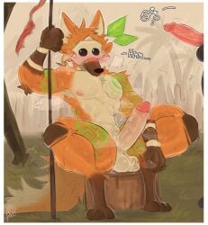 absurd_res anthro anthro_focus armpit_hair balls big_penis blush bodily_fluids body_hair canid canine disembodied_penis duo erection fur gender_symbol genitals hi_res holding_melee_weapon holding_object holding_polearm holding_spear holding_weapon humanoid_genitalia humanoid_penis male male/male male_focus male_symbol mammal maned_wolf mask melee_weapon muscular muscular_anthro muscular_male nick7005 orange_body orange_fur penis polearm sitting_on_stump solo_focus spear sweat symbol tree_stump weapon