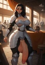 ai_generated armor black_hair cleavage exposed_penis flaccid futanari highres huge_ass huge_balls huge_breasts huge_cock medieval public self_upload small_waist standing supermanson tavern thick_thighs wide_hips