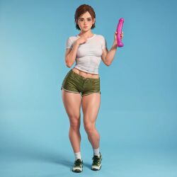 ai_generated dildo ellie, female front_view shorts t-shirt thick_thighs