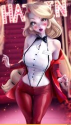 blonde_hair charlie_morningstar charlie_morningstar_(hazbin_hotel) female female hazbin_hotel long_hair medium_breasts red_pants red_shirt sakimichan tight_body tight_clothes white_shirt white_skin