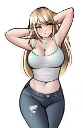 belly_button blonde_hair blush bra bra_visible_through_clothes jackary_draws jeans large_breasts light-skinned_female long_hair looking_away mythra simple_background tank_top thick_thighs tight_clothing video_games wide_hips xenoblade_chronicles_2 yellow_eyes