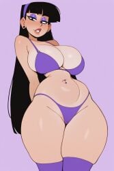 ai_generated bangs black_hair blue_eyes blunt_bangs bra breasts curvy eyeshadow hairband incase_(style) long_hair looking_at_viewer makeup navel navel_piercing nickelodeon pale_skin piercing purple_bra purple_eyeshadow purple_hairband purple_panties purple_thighhighs solo the_fairly_oddparents thick_thighs thighhighs thong trixie_tang wide_hips