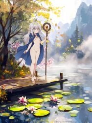 blind cape dock drawswhenhungry elf functionally_nude high_heels lily_pad magic_staff nature nipples outdoors pale_skin pointy_ears pussy staff white_hair