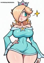 1girls bare_shoulders blue_eyes blush breasts crown cyan_dress desrozza dress earrings female female_only gold_jewelry hair_over_one_eye hand_on_hip large_breasts long_hair nintendo pale-skinned_female pale_skin pink_nails platinum_blonde_hair princess_rosalina silver_crown super_mario_bros. thick_thighs white_background wide_hips