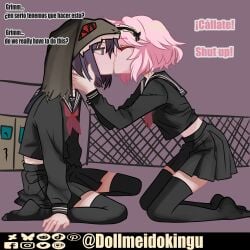 2girls absurdres black_clothing black_eyes black_hair black_skirt black_souls color_coded_text dialogue english_text female female_only hand_on_cheek headwear kissing leaning_forward maid_headdress male_out_of_frame miranda_(black_souls) pink_hair school_uniform serafuku short_hair simple_background skirt spanish_text thighhighs victoria_(black_souls) yuri