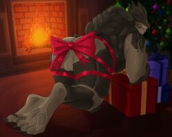 alien ass backsack balls bioware bow_on_butt bow_ribbon christmas christmas_present christmas_tree electronic_arts fire fireplace genitals gift grey_body hi_res holidays inside kraujas krogan leaning leaning_forward looking_at_viewer male mass_effect muscular muscular_male nude perineum plant presenting presenting_hindquarters pupils rear_view ribbon_only ribbons scales slit_pupils solo tan_body tan_scales tree yellow_eyes