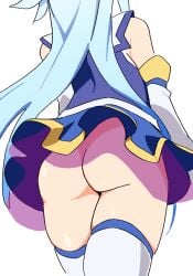 adult adult_female aqua_(konosuba) ass ass_focus back bare_shoulders blue_eyebrows blue_hair blue_hair_female blue_skirt butt_crack_outline detached_sleeves facing_away female from_behind head_out_of_frame knee_socks kneesocks kono_subarashii_sekai_ni_shukufuku_wo! legwear long_hair mature mature_female miniskirt no_panties noyama_takenoko overknees simple_background skindentation skirt solo stockings thigh_highs thighhighs useless_goddess very_long_hair white_background white_knee_socks white_legwear white_stockings white_thigh_highs white_thighhighs zettai_ryouiki