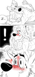 ! 2018 5_fingers anthro biceps black_nose blush body_hair chest_hair comic ear_piercing heart hyena implied_anal male male_only mammal muscular muscular_male offscreen_character piercing solo speech_bubble sweat zepthehyerian