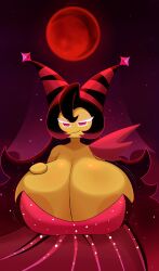 1girls alluring_crescent big_breasts breasts_bigger_than_head cleavage cookie_run cookie_run_ovenbreak cosmic_hair dress female_only fromariels huge_breasts long_hair moon moonlight moonlight_cookie night outdoors outside red_dress red_moon smile smirk tagme very_long_hair