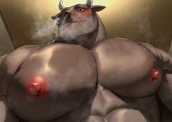 2025 abs anthro areola barazoku bedroom_eyes biceps big_areola big_muscles big_nipples big_pecs blush bodily_fluids bovid bovine breath bust_portrait cattle close-up deltoids facial_hair fur horn huge_muscles huge_pecs inside kemono looking_at_viewer low-angle_view male mammal manly mennsuke muscular muscular_anthro muscular_male musk narrowed_eyes nipples nude pecs portrait seductive smile solo stubble sweat tuft