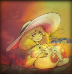 animal_crossing anthro big_breasts breast_play breast_squish breasts candle clothing female hat headgear headwear hi_res huge_breasts isabelle_(animal_crossing) mistleinn nintendo sex solo squish text titjob wax wax_play