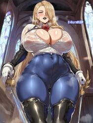 ai_generated blonde_hair bodysuit brown_dust_2 curvy_figure evilkuro05 massive_breasts thick_hips voluptuous_female wilhelmina_(brown_dust)