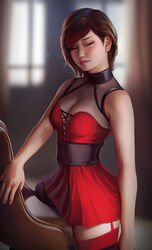1girls breasts chair chair_arm dress female hoobamon masturbation medium_breasts red_dress ruby_rose rwby short_hair