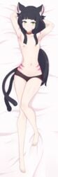 ara_(monster_girl_island) bed_sheet body_markings body_pillow cat_ears cat_tail dakimakura dakimakura_design laying_on_back looking_at_viewer monster_girl monster_girl_island nekomimi redamz small_breasts smile tail topless