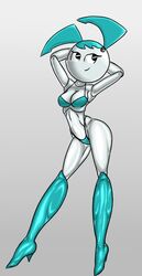 1girls 2d black_eyes blue_bikini cleavage female female_only humanoid jenny_wakeman leaning my_life_as_a_teenage_robot nickelodeon robot robot_girl robot_humanoid smiling solo velenor white_background xj-9