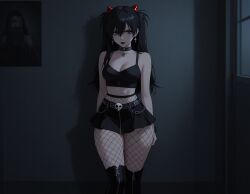 1girls ai_generated asuka_langley_sohryu black_hair black_lipstick blue_eyes choker cleavage crop_top earrings egirl fishnets goth goth_asuka light-skinned_female neon_genesis_evangelion skirt thighhighs