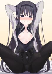 akemi_homura arms_behind_head arms_up black_hair black_legwear blush breasts breasts_out feet female flat_chest foot_fetish foot_pussy long_hair looking_at_viewer mahou_shoujo_madoka_magica no_bra no_shoes open_clothes open_shirt panties panties_under_pantyhose pantyhose purple_eyes sitting smile soles solo steam toes underwear