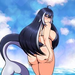 animal_ears animal_tail ass_grab bangs beach bikini bikini_bottom bikini_top blue_hair blue_sky blush breasts cameltoe cetacean_tail closed_mouth day downbadmerch female female_only fish_tail from_behind huge_ass huge_breasts long_hair looking_at_viewer looking_back multicolored_hair ocean outdoors purple_eyes purple_hair shylily sky smile solo streaked_hair tagme tail thick_thighs thighs two_tone_hair virtual_youtuber vtuber white_hair