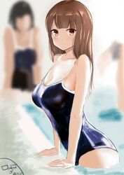 big_breasts blush brown_eyes brown_hair dark_hair dh-zone looking_at_viewer original pool smile swimsuit water watermark wet