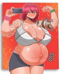 abs bebecoven emphasis_lines flexing flexing_bicep hyper_belly hyper_breasts large_breasts margaret_(bebecoven) muscular muscular_female oc original original_character pregnant pregnant_belly pregnant_female red_eyes red_hair simple_background tattoo