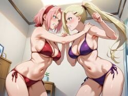 2girls ai_generated catfight competitive competitive_intercourse female female_only hate_sex human ino_yamanaka multiple_girls naruto naruto_(series) naruto_shippuden rivalry rivals sakura_haruno sexfight squeezing_breasts staredown yuri