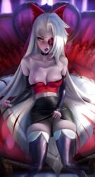 black_skirt breasts breasts_out female female_only hazbin_hotel long_hair nipples no_bra no_panties pussy red_shirt sakimichan shy sitting small_pussy vaggie_(hazbin_hotel) white_hair