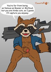 2018 anthro balls brown_fur clothed clothing cowardlion dialogue first_person_view flat_colors fur guardians_of_the_galaxy gun holding_object holding_weapon humanoid_penis looking_at_viewer low-angle_view male male_only mammal marvel open_mouth penis procyonid raccoon ranged_weapon rocket_raccoon simple_background smile solo talking_to_viewer weapon worm's-eye_view