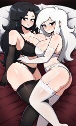 2girls ai_generated armwear black_armwear black_legwear black_lingerie black_thighhighs legwear lingerie pixai tagme thighhighs white_armwear white_legwear white_lingerie white_thighhighs yuri