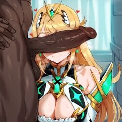 1boy 1girls ai_generated aipandart big_breasts big_penis blonde_hair blush color dark-skinned_male dark_skin female hi_res interracial large_breasts light-skinned_female light_skin long_hair male male/female muscles muscular muscular_male mythra mythra_(xenoblade) netorare nintendo ntr penis_on_face thick_thighs xenoblade_(series) xenoblade_chronicles_2 yellow_eyes