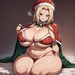 ai_generated bare_thighs blonde_hair christmas christmas_lingerie christmas_outfit gigantic_breasts huge_breasts huge_thighs light-skinned_female light_skin long_hair looking_at_viewer massive_breasts mature_female milf naruto_(series) naruto_shippuden orange_eyes santa_hat smiling smogai solo_female squatting sweat sweatdrop thick_body thick_female thick_thighs thighs tsunade voluptuous voluptuous_female