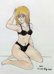 1girls attack_on_titan black_underwear blonde_hair bra christa_lenz colored hair_down hand_drawn historia_reiss looking_at_viewer panties pencil_(artwork) shingeki_no_kyojin snk_andree_art solo solo_female underwear_only