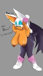 2d 2d_(artwork) accidental_exposure aged_up anthro arms_behind_head bat bat_wings dialogue digital_media_(artwork) female green_eyes huge_breasts long_hair nipples rouge_the_bat sega shortstack skimpy sonic_(series) sonic_the_hedgehog_(series) surprise surprised_expression topless wardrobe_malfunction