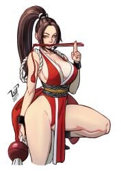 bare_shoulders breasts brown_eyes brown_hair cleavage clothing fan fatal_fury female female female_only folded_fan folding_fan hand_fan high_ponytail holding holding_fan king_of_fighters large_breasts lips long_hair looking_at_viewer looking_to_the_side lucaspflp mai_shiranui mouth_hold ninja no_bra obi pelvic_curtain ponytail revealing_clothes rope sash sideboob sleeveless smile snk solo thick_thighs thighs tied_hair traditional_clothes wafuku