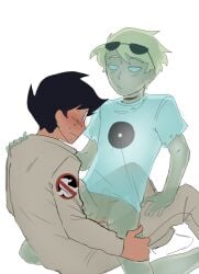 2boys black_hair blonde_hair blonde_hair blush dave_strider gay ghost ghost_boy ghost_sex homestuck john_egbert sunglasses_on_head white_eyes yaoi