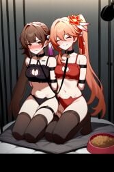 2girls ai_generated barcode barcode_tattoo black_thighhighs blush bondage bound bound_together brown_hair cage caged cat_lingerie collar guinaifen_(honkai:_star_rail) honkai:_star_rail honkai_(series) in_cage inside_cage kneeling leash leash_and_collar leashed_collar leashed_female leashed_together lingerie orange_hair pet_bowl petplay pillow smile streaming studio sushang_(honkai:_star_rail) tiques yuri