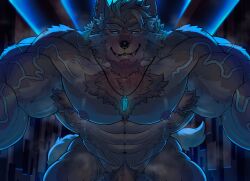 2025 abs absurd_res anthro armpit_hair beard big_biceps big_pecs blue_eyes body_hair canid canine canis chest_tuft dark_room facial_hair fangs first_person_view fur gem glowing glowing_eyes grey_body grey_fur grey_hair grin hair hi_res jewelry male male_focus male_only mammal mors_k muscular muscular_anthro muscular_male necklace nipples nude obliques on_top_of_viewer pecs pubes sean_(opsychowolfo) smile solo tail teeth tuft vein veiny_muscles wolf