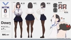 big_breasts black_hair bra button_down_shirt character_sheet chomikuplus collared_shirt dawn_(chomikuplus) gigantic_breasts mole_on_breast pantyhose reference_sheet three_sizes