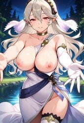 ai_generated alternate_costume arms_out blush corrin_(fire_emblem) corrin_(fire_emblem)_(female) fire_emblem fire_emblem_fates fire_emblem_heroes large_breasts open_arms outdoors pov tagme topless