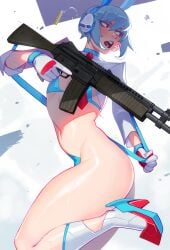 1boy almost_naked blue_hair chainmail_bikini femboy gloves gun heel_boots male qt0ri red_eyes short_hair thick_thighs trap white_clothing