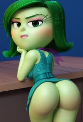 2025 ai_generated aqua_dress ass big_ass blue_background breasts disgust_(inside_out) green_eyes green_hair green_skin idk_what_to_tag_it inside_out looking_at_viewer looking_back pixar visible_ass