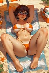 ai_generated breasts cameltoe erect_nipples_under_clothes glasses looking_at_viewer micro_bikini scooby-doo thick_thighs velma_dinkley