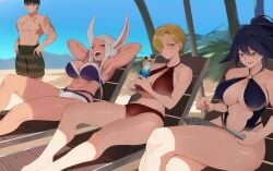 1boy 3girls abs background_character beach beach_chair boku_no_hero_academia dark-skinned_female fat_breasts flat_belly ko_koyap large_breasts midnight_(my_hero_academia) miruko nemuri_kayama relaxing shirtless_male six_pack suntan