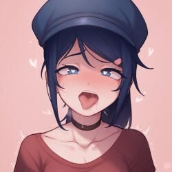 1girls ahe_gao ai_generated altra_x blue_eyes blue_hair cat_hat choker hairclip hat heart-shaped_pupils looking_pleasured miside mita_(miside) saliva saliva_drip solo t-shirt tongue_out trembling upper_teeth_only