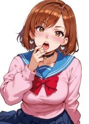 1girls ahe_gao ai_generated ayase_momo breasts cute dandadan female hotload-8 looking_at_viewer mouth_hold open_mouth oral oral_invitation petite slim tongue_out white_background